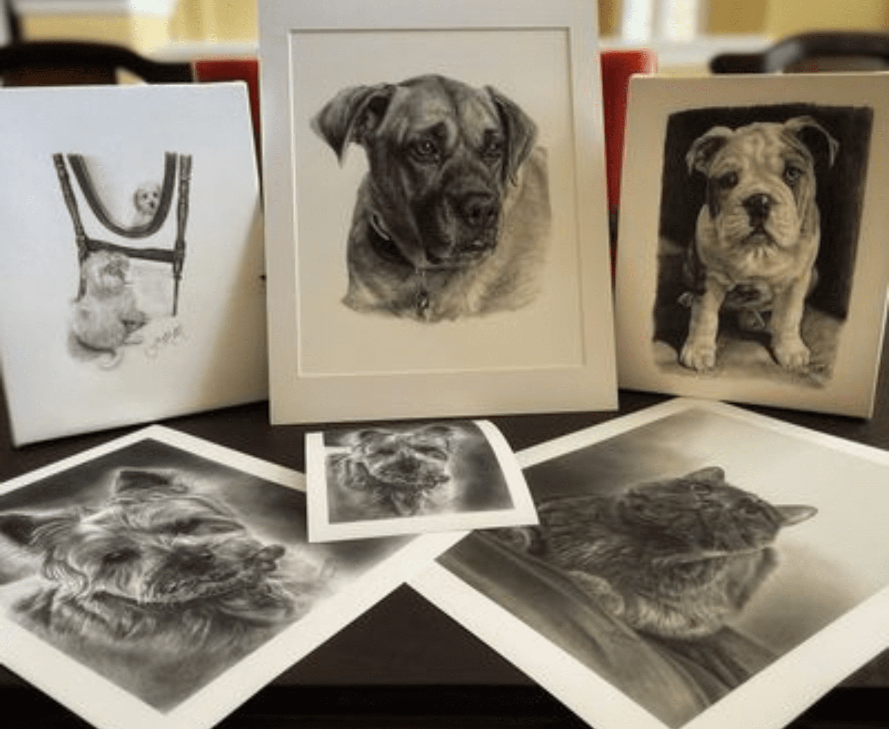 A collection of framed and unframed realistic pencil drawings of dogs and a cat displayed on a table.