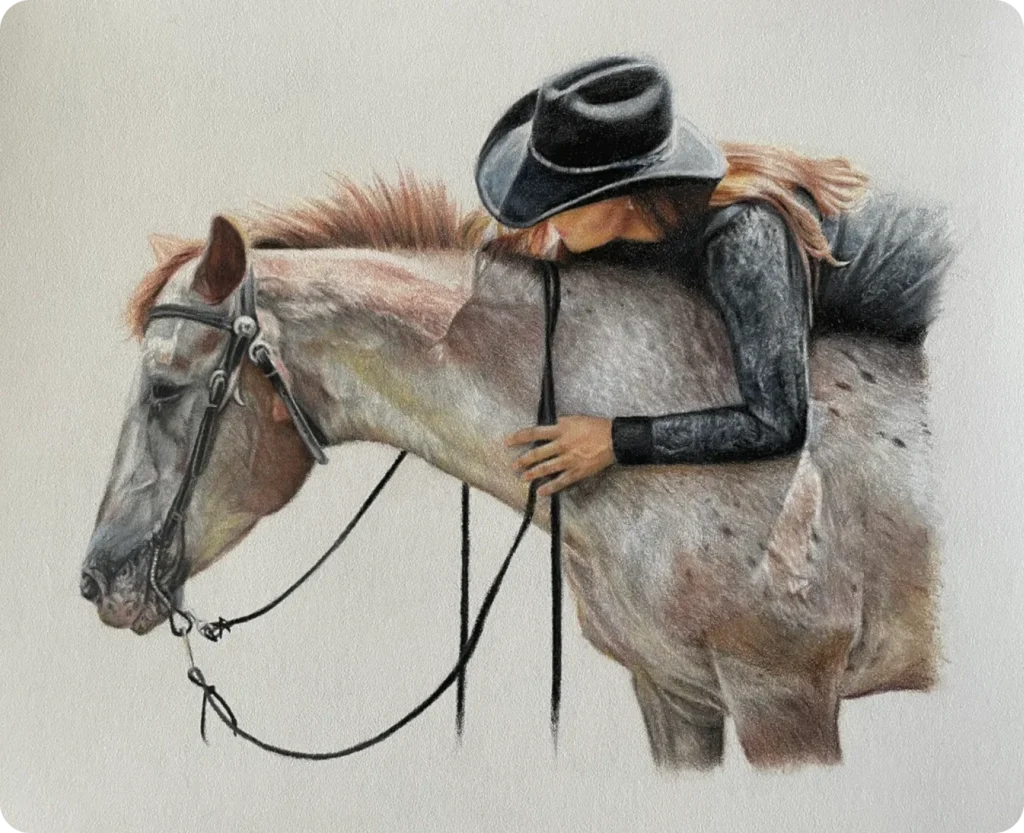 A person in a black hat and clothing lies affectionately on a horse's back, with eyes closed. The horse is light-colored and wearing a bridle, standing against a plain background.