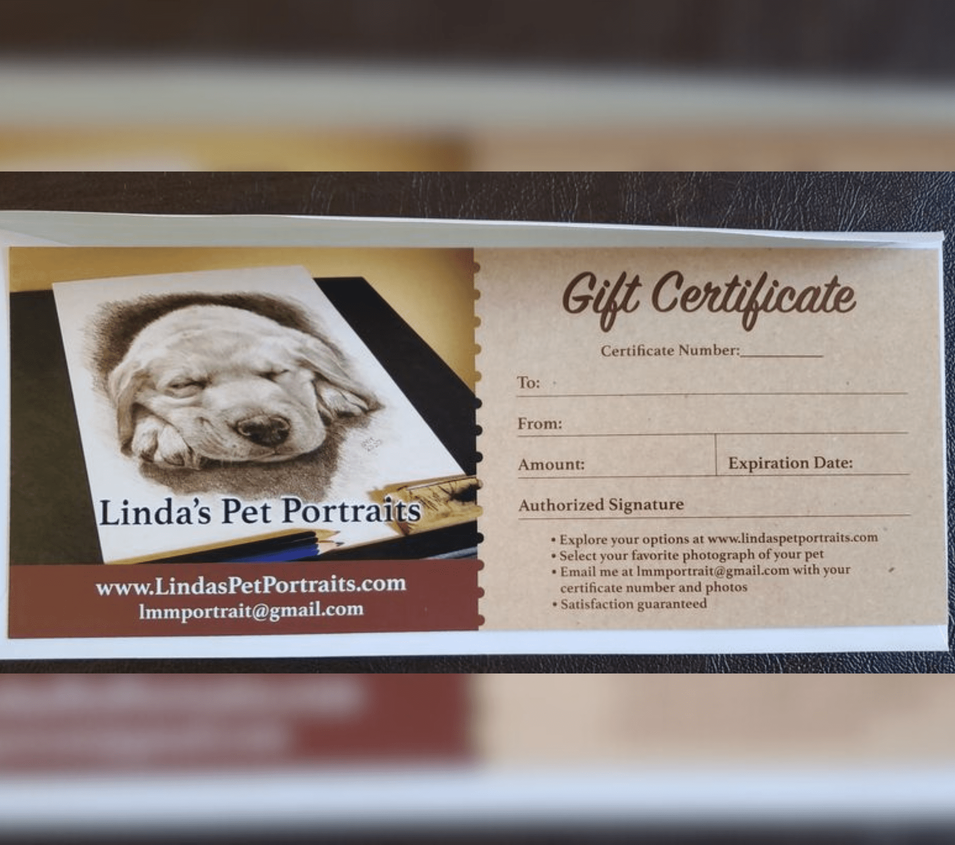 Gift certificate for Linda's Pet Portraits featuring a pencil drawing of a sleeping puppy. Includes website, email, and fields for certificate details and expiration date.