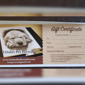 Gift certificate for Linda's Pet Portraits featuring a sleeping puppy drawing, with details for recipient, amount, expiration date, and contact information.